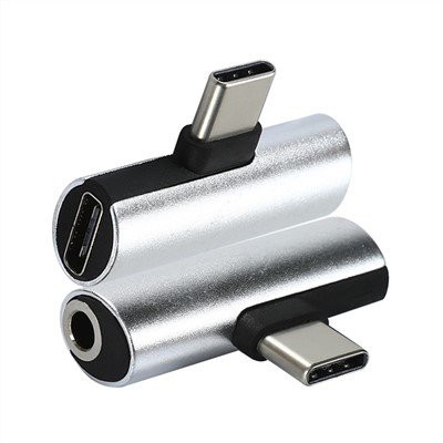 सिल्वर कलर टी-शेप USB C टू ऑडियो और चार्जर अडैप्टर